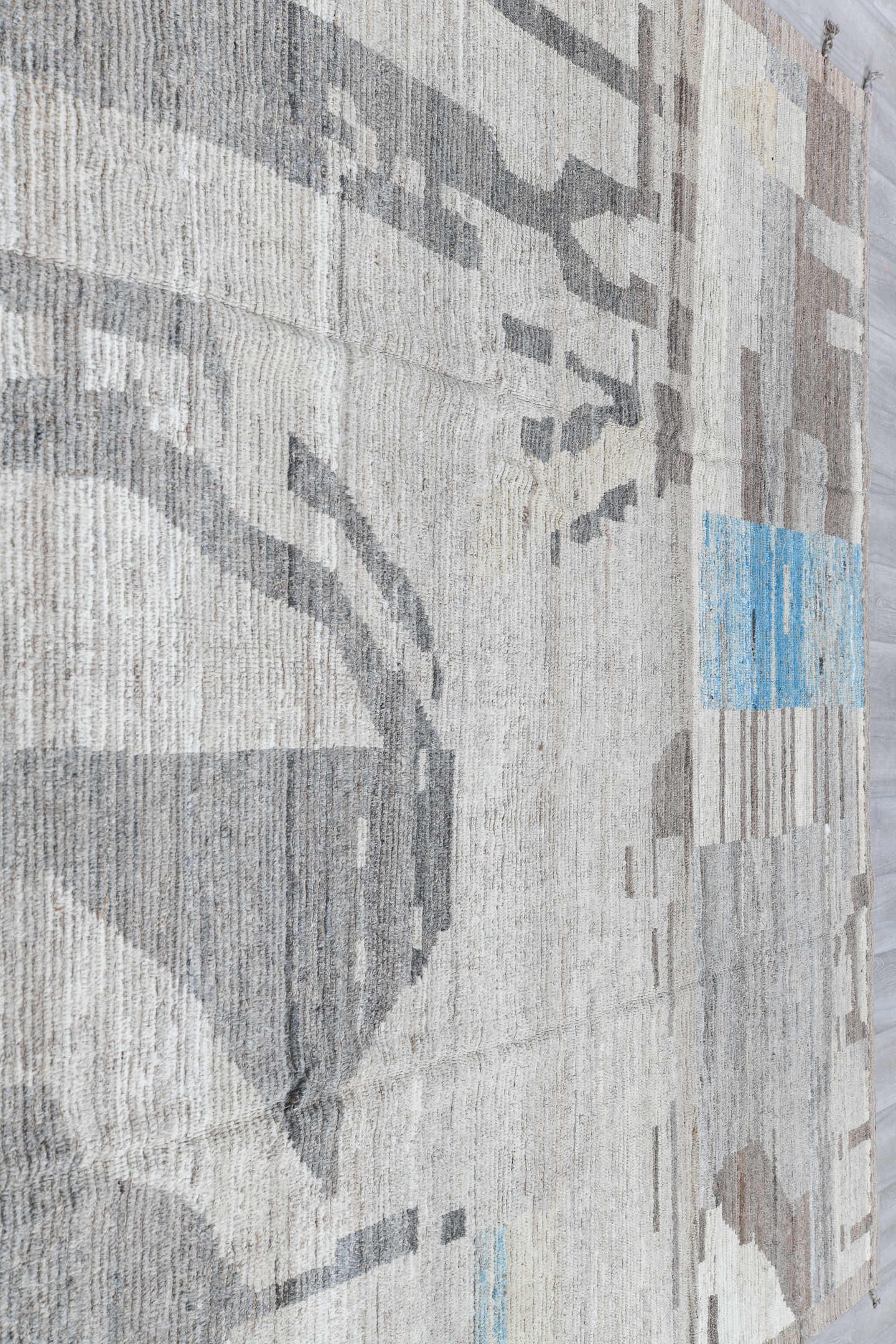 9' x 12' one-of-a-kind handmade vintage Tulu large size rug. Color palette: ivory, gray, taupe, sky_blue, beige, light blue