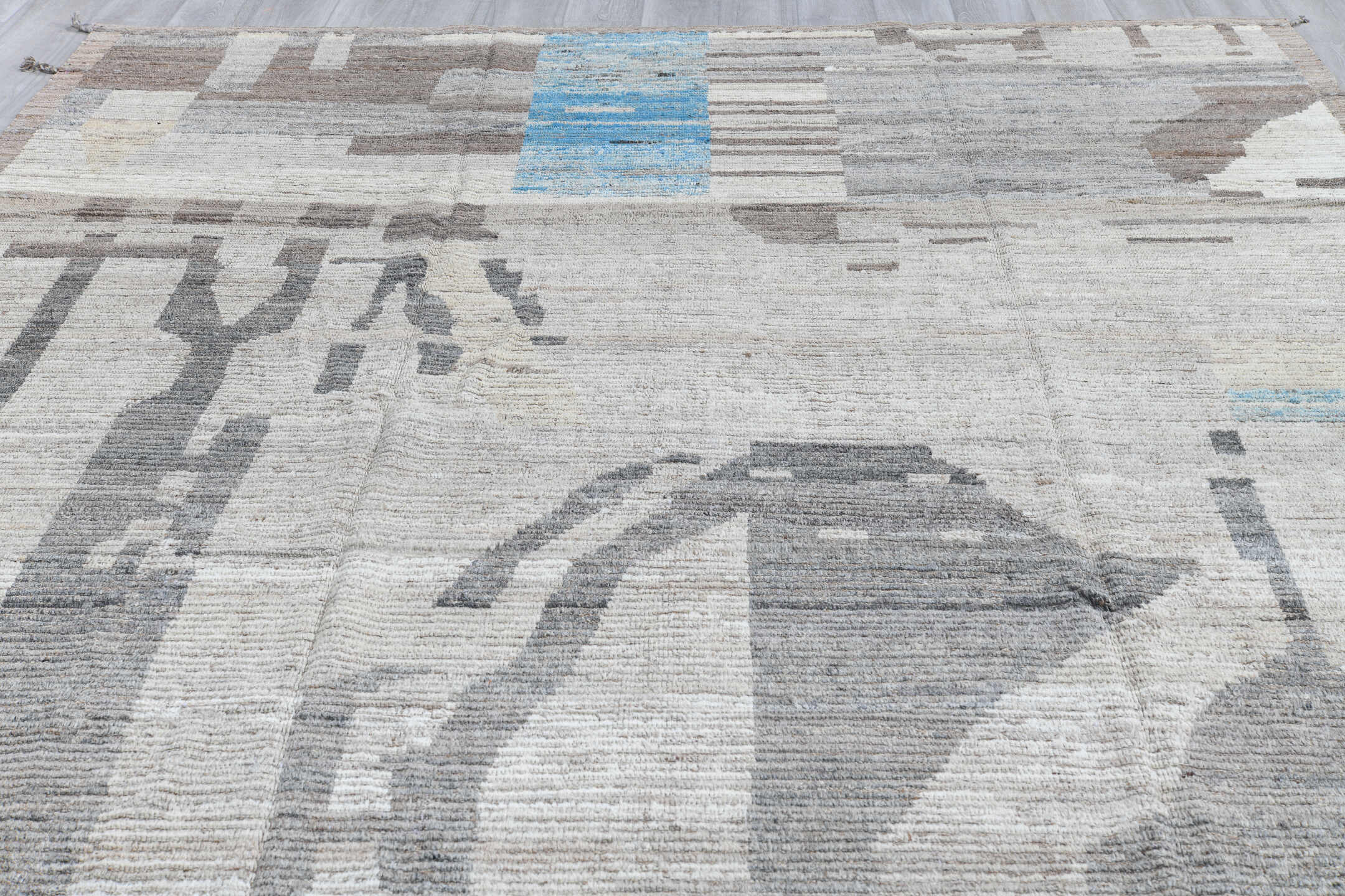 9' x 12' one-of-a-kind handmade vintage Tulu large size rug. Color palette: black, blue, charcoal, dark gray, dim gray