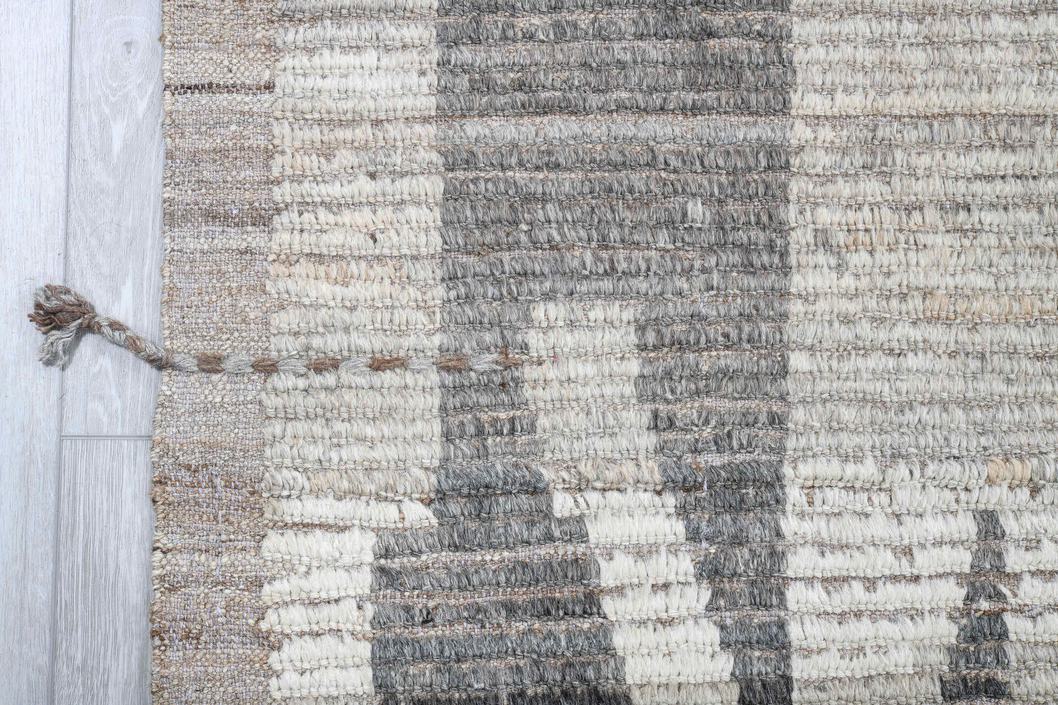 9' x 12' one-of-a-kind handmade vintage Tulu large size rug. Color palette: ivory, gray, taupe, sky_blue, beige, light blue