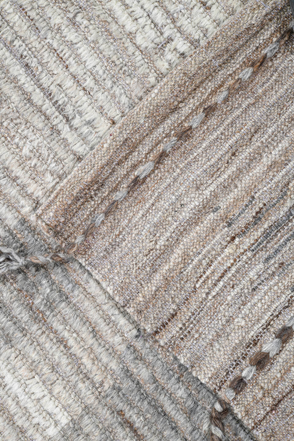 9' x 12' one-of-a-kind handmade vintage Tulu large size rug. Color palette: ivory, gray, taupe, sky_blue, beige, light blue