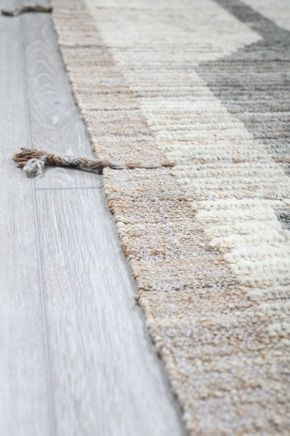 9' x 12' one-of-a-kind handmade vintage Tulu large size rug. Color palette: ivory, gray, taupe, sky_blue, beige, light blue