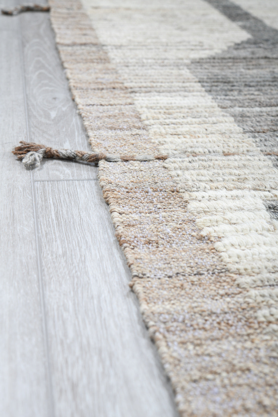 9' x 12' one-of-a-kind handmade vintage Tulu large size rug. Color palette: ivory, gray, taupe, sky_blue, beige, light blue