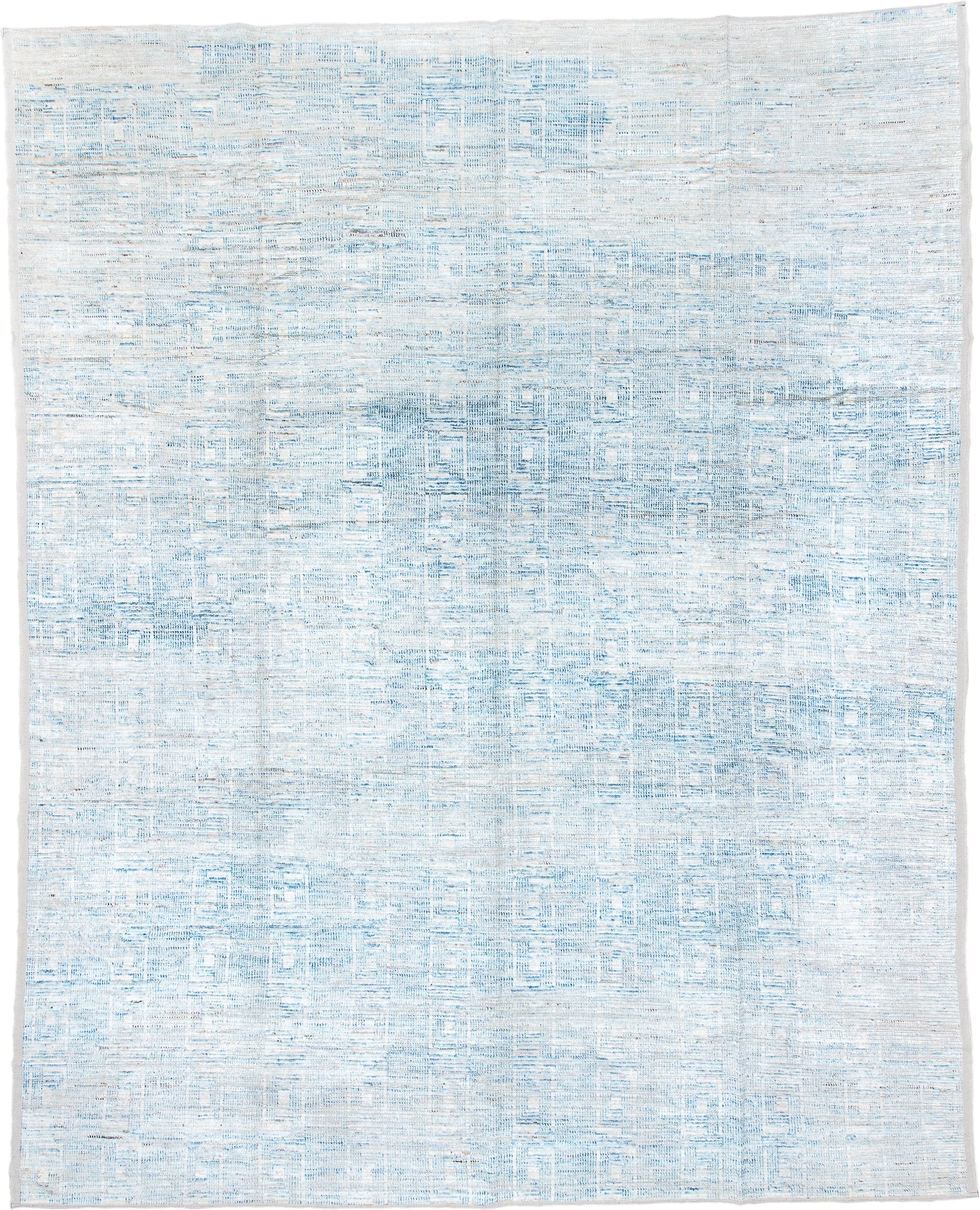 13' x 16' one-of-a-kind handmade vintage Tulu oversize rug. Color palette: ivory, pale blue, sky blue, cream, light blue