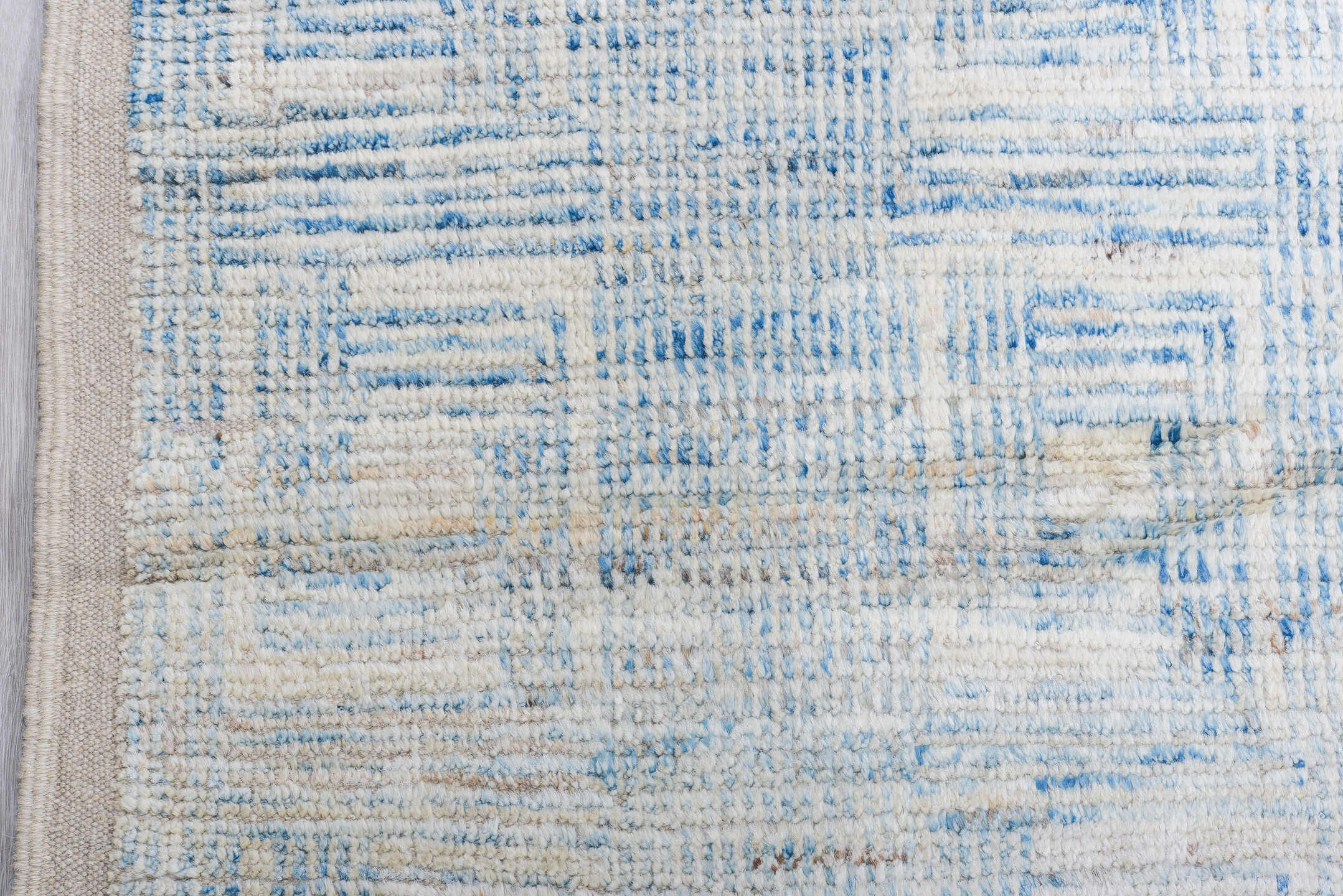 13' x 16' one-of-a-kind handmade vintage Tulu oversize rug. Color palette: ivory, pale blue, sky blue, cream, light blue