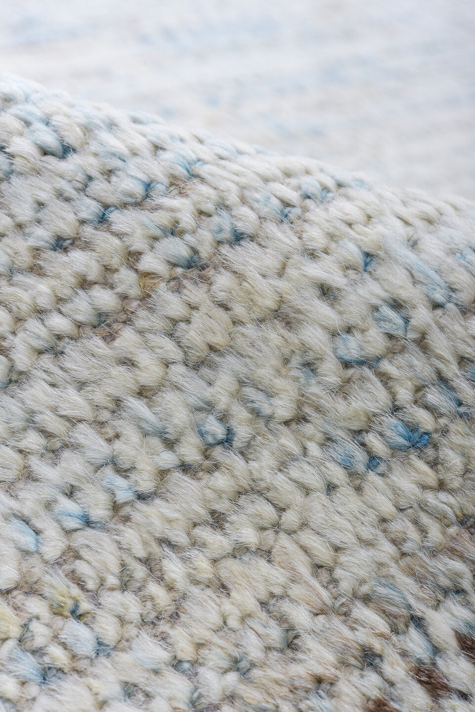 13' x 16' one-of-a-kind handmade vintage Tulu oversize rug. Color palette: ivory, pale blue, sky blue, cream, light blue