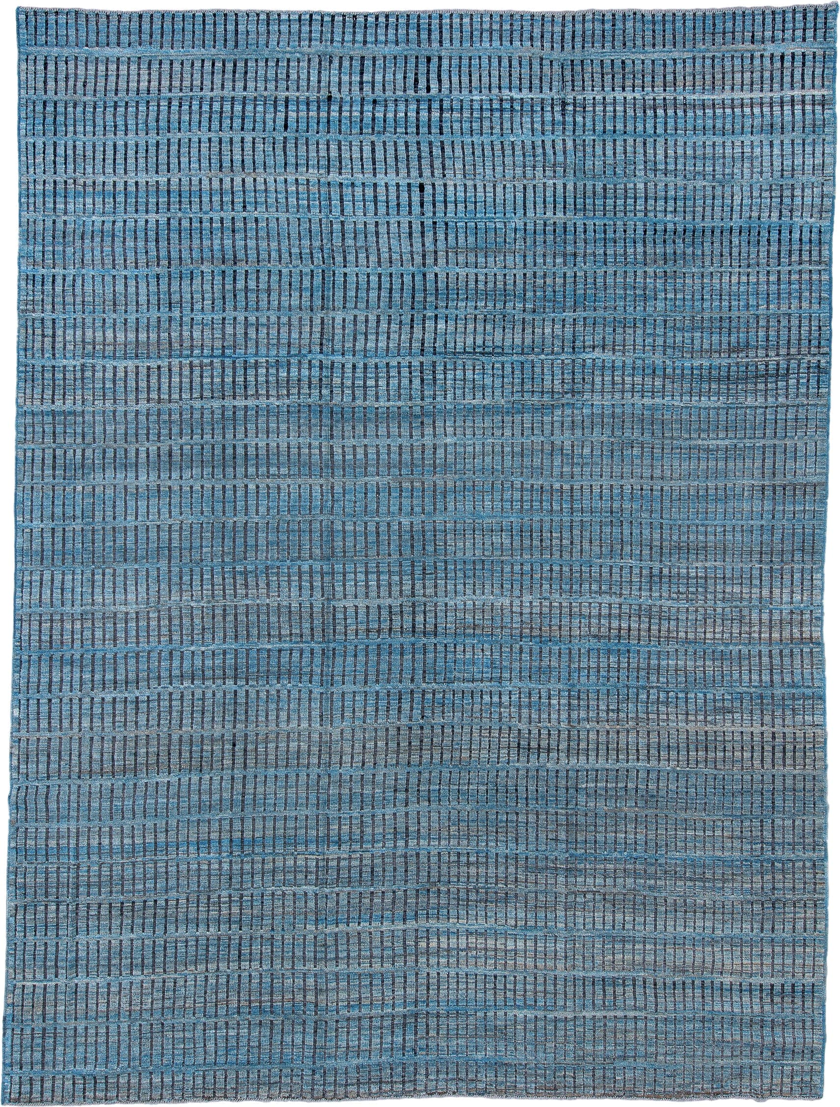 10' x 14' one-of-a-kind handmade vintage Tulu large size rug. Color palette: sky blue, slate, charcoal, steel blue