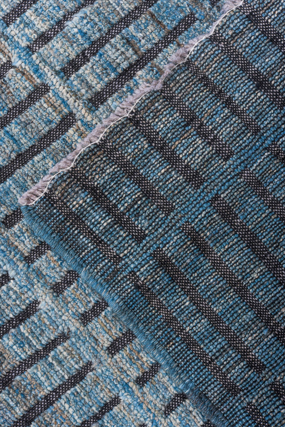 10' x 14' one-of-a-kind handmade vintage Tulu large size rug. Color palette: black, blue, brown, dim gray, gray, light blue