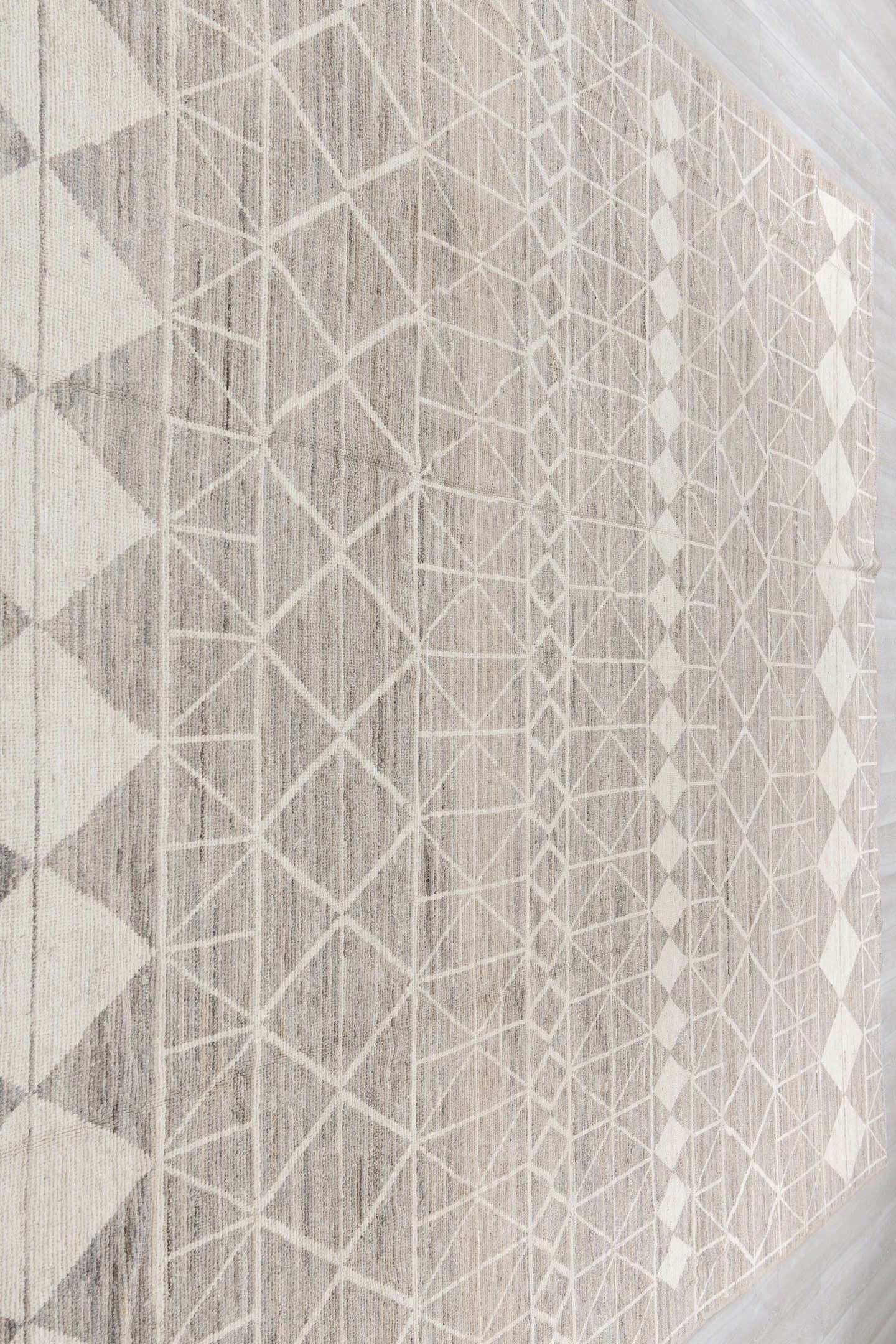 10' x 13' one-of-a-kind handmade vintage Tulu large size rug. Color palette: taupe, ivory, gray, cream, beige