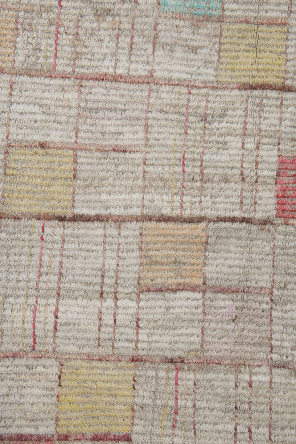 10' x 13' one-of-a-kind handmade vintage Tulu large size rug. Color palette: ivory, taupe, coral, aqua, butter yellow, beige