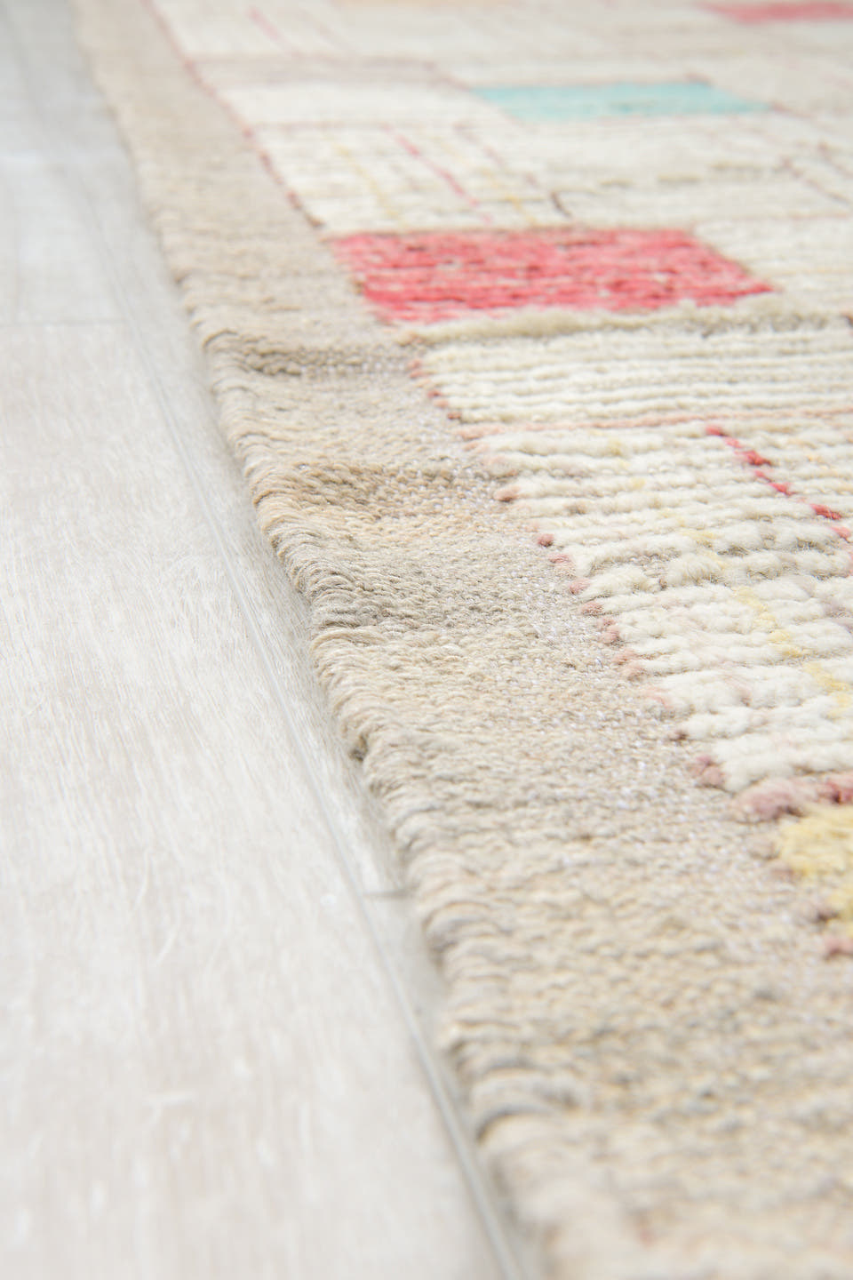 10' x 13' one-of-a-kind handmade vintage Tulu large size rug. Color palette: ivory, taupe, coral, aqua, butter yellow, beige
