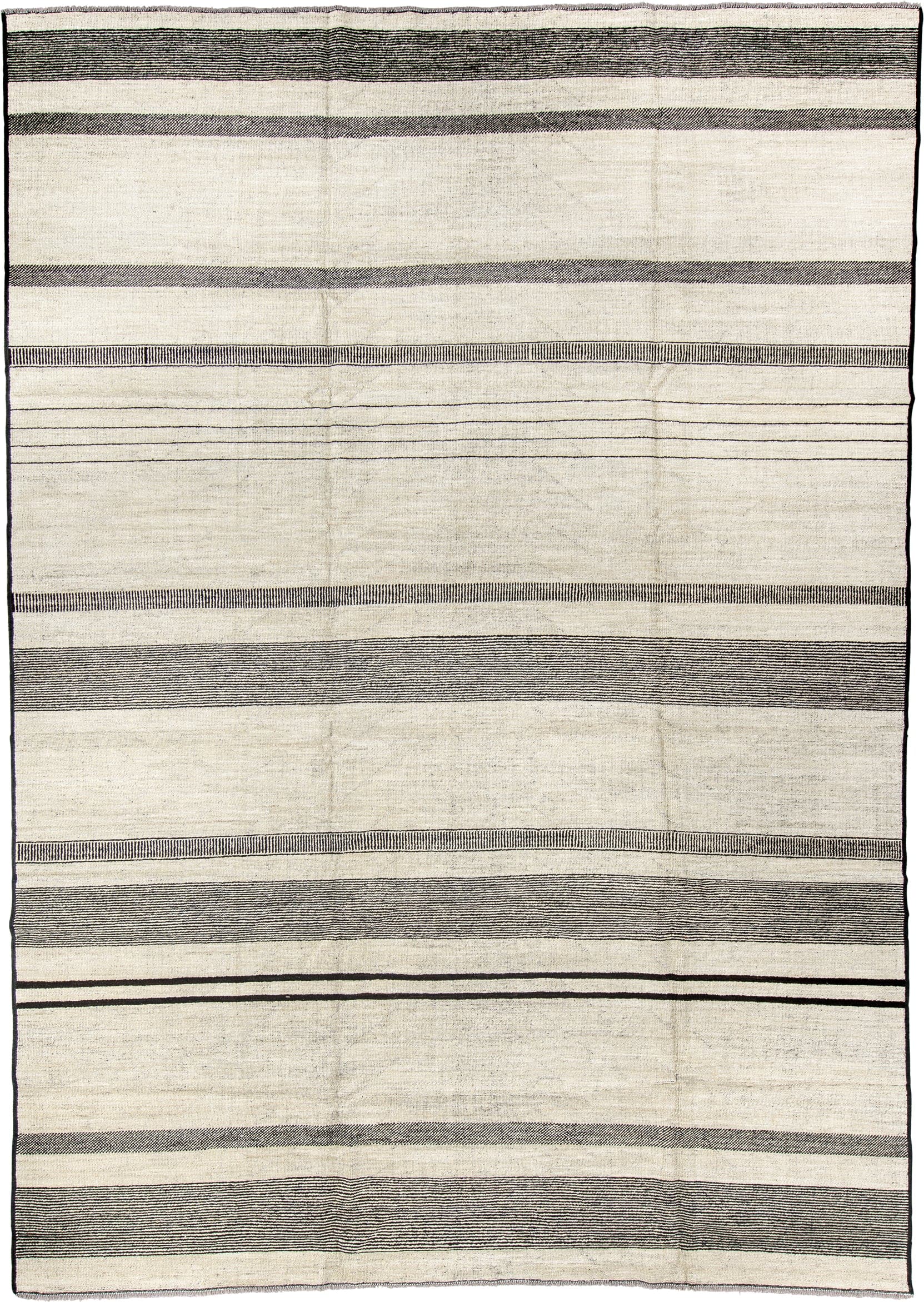 8' x 12' one-of-a-kind handmade vintage Tulu large size rug. Color palette: ivory, charcoal, cream, taupe, black, gray
