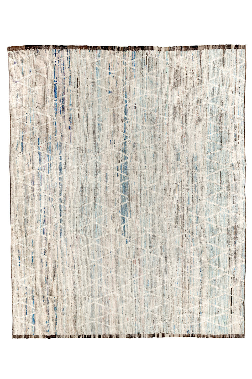 11' x 14' one-of-a-kind handmade vintage Tulu oversize rug. Color palette: beige, blue, brown, gray, light blue, light gray