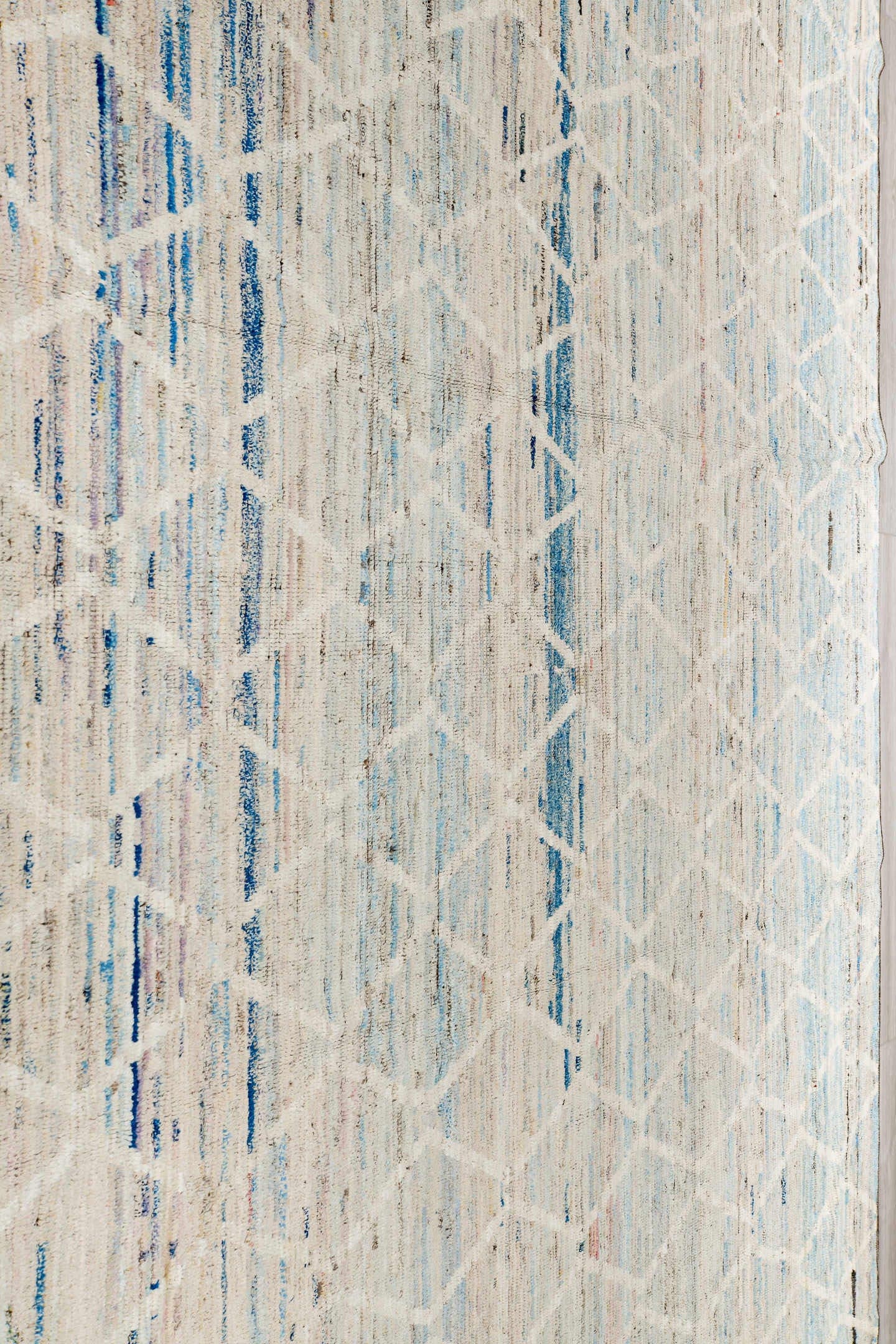 11' x 14' one-of-a-kind handmade vintage Tulu oversize rug. Color palette: ivory, sky blue, charcoal, taupe, slate, cream