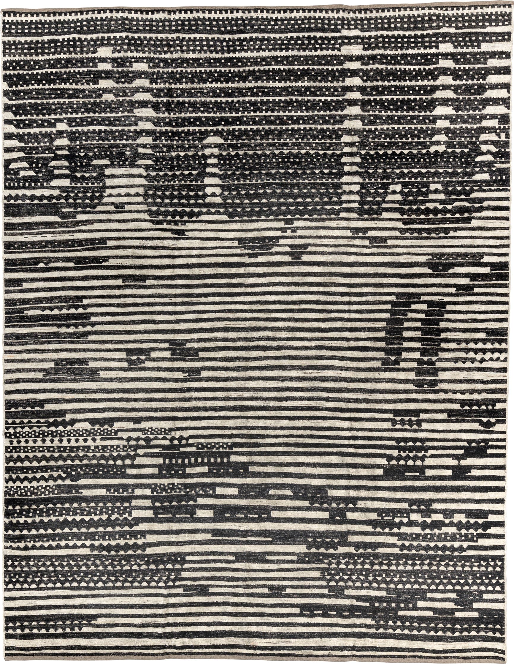 9' x 11' one-of-a-kind handmade vintage Tulu large size rug. Color palette: ivory, charcoal, black, taupe, gray, beige