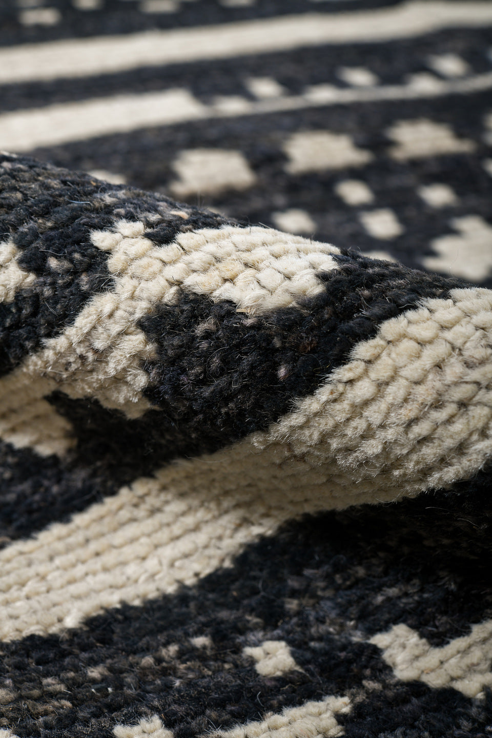 9' x 11' one-of-a-kind handmade vintage Tulu large size rug. Color palette: ivory, charcoal, black, taupe, gray, beige