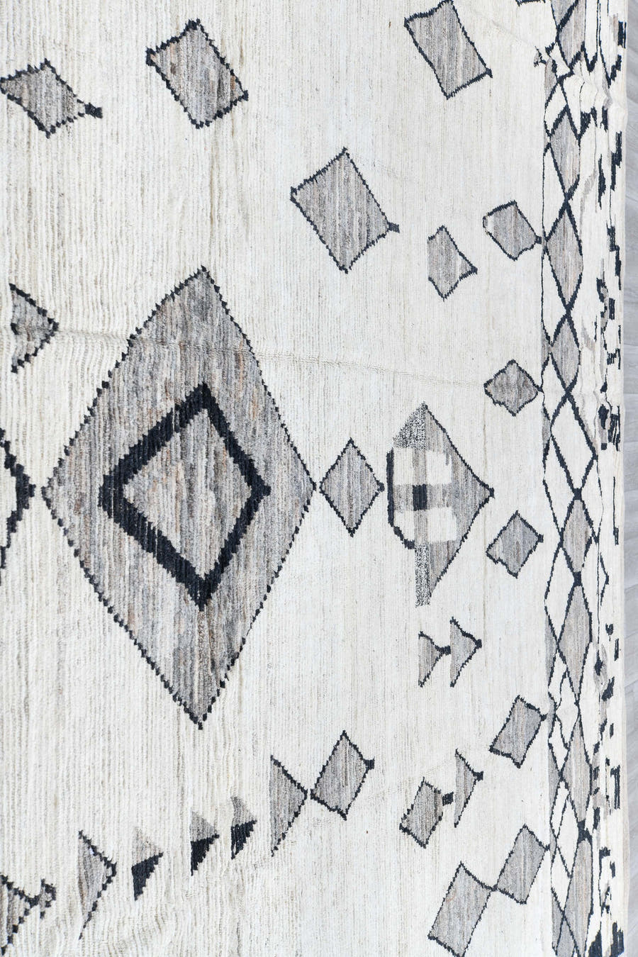 12' x 14' one-of-a-kind handmade vintage Tulu oversize rug. Color palette: ivory, charcoal, gray, black