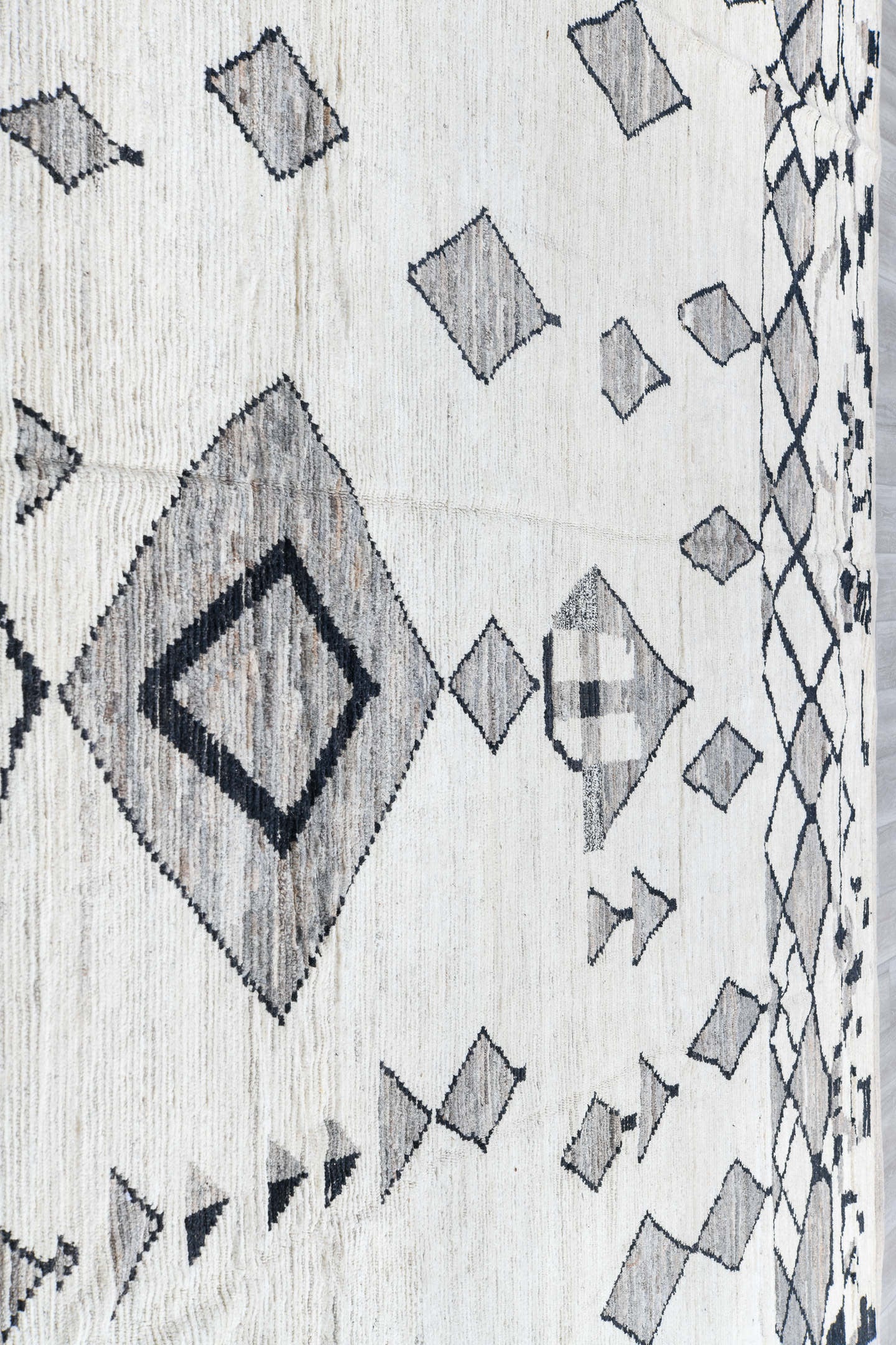 12' x 14' one-of-a-kind handmade vintage Tulu oversize rug. Color palette: ivory, charcoal, gray, black