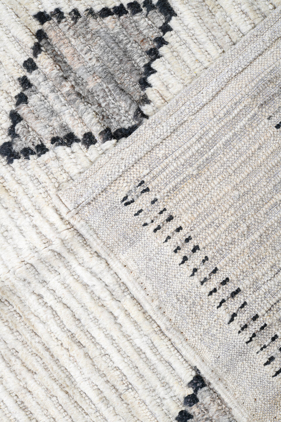 12' x 14' one-of-a-kind handmade vintage Tulu oversize rug. Color palette: ivory, charcoal, gray, black