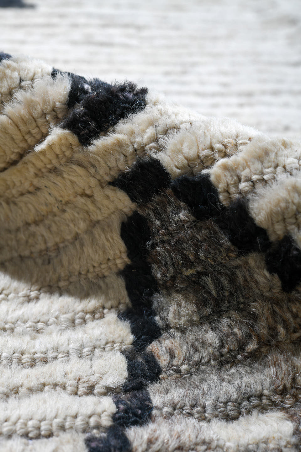 12' x 14' one-of-a-kind handmade vintage Tulu oversize rug. Color palette: ivory, charcoal, gray, black
