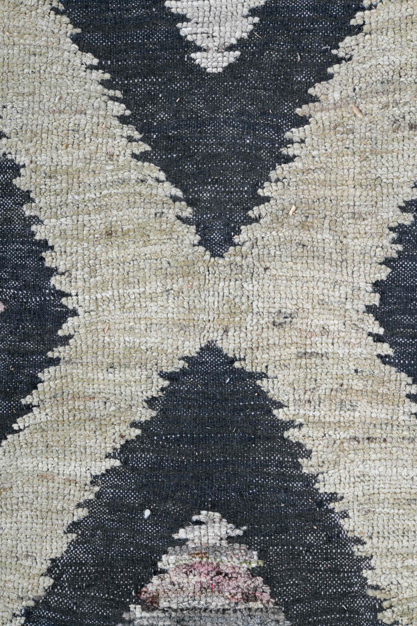 9' x 12' one-of-a-kind handmade vintage Tulu large size rug. Color palette: ivory, charcoal, blush, taupe, gray, black, pink