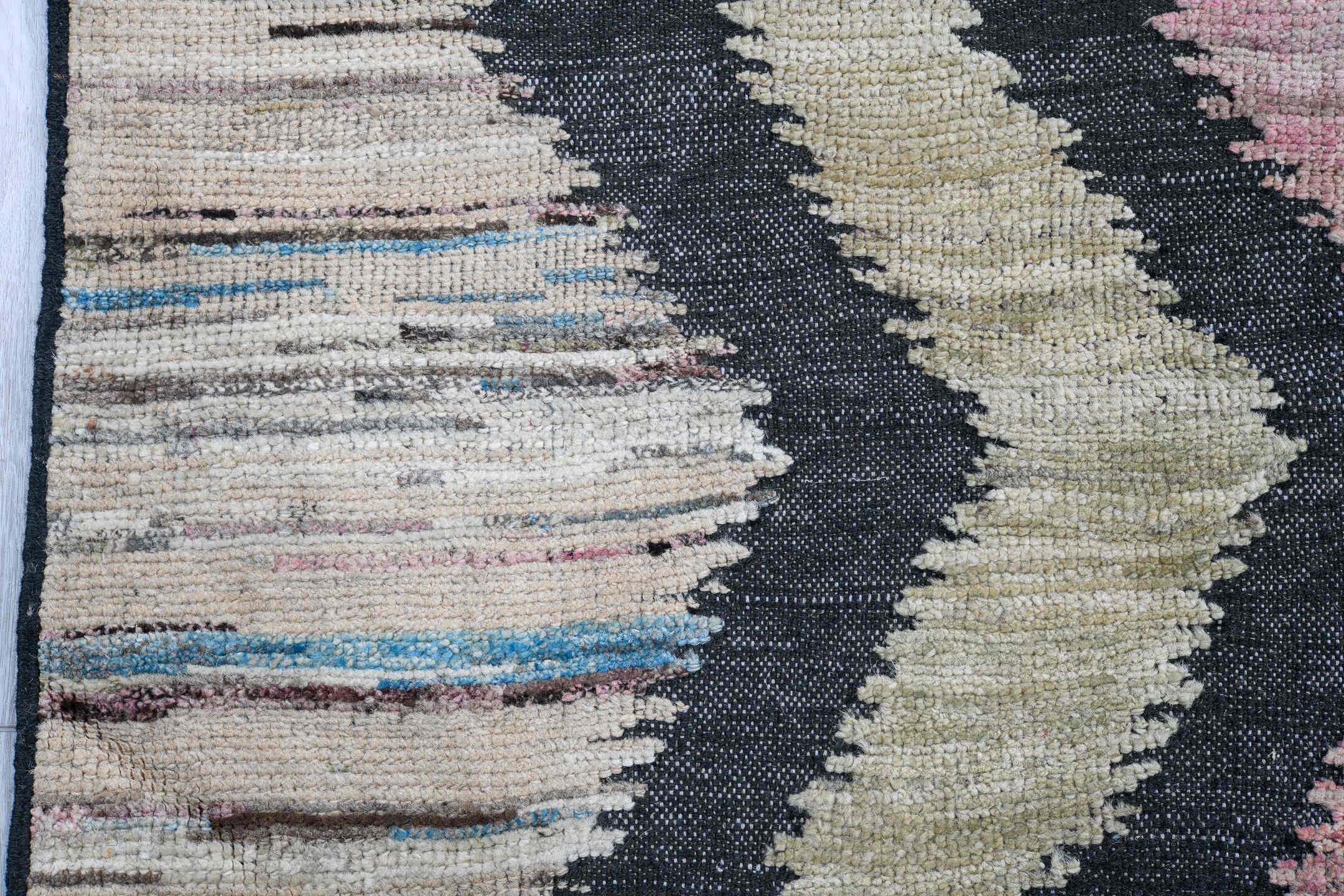 9' x 12' one-of-a-kind handmade vintage Tulu large size rug. Color palette: ivory, charcoal, blush, taupe, gray, black, pink
