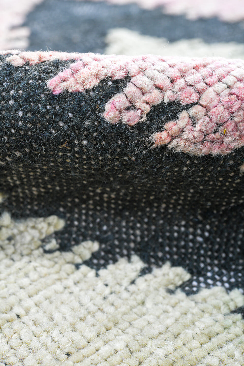 9' x 12' one-of-a-kind handmade vintage Tulu large size rug. Color palette: ivory, charcoal, blush, taupe, gray, black, pink