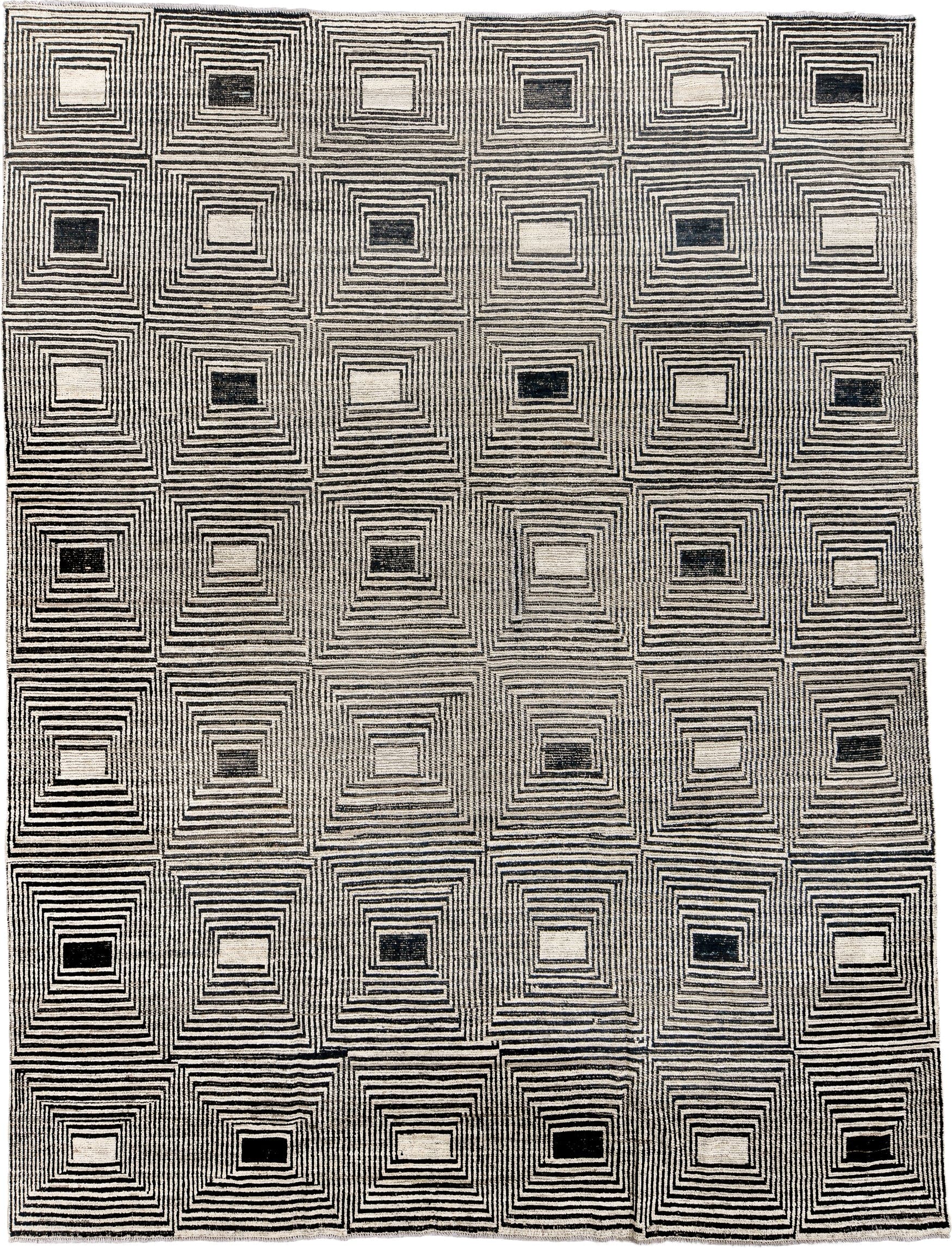 10' x 13' one-of-a-kind handmade vintage Tulu large size rug. Color palette: ivory, charcoal, black, cream, taupe, gray