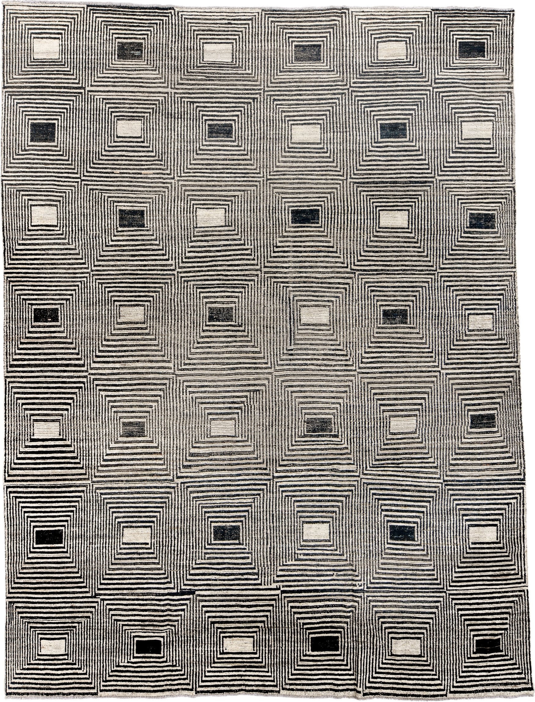 10' x 13' one-of-a-kind handmade vintage Tulu large size rug. Color palette: ivory, charcoal, black, cream, taupe, gray