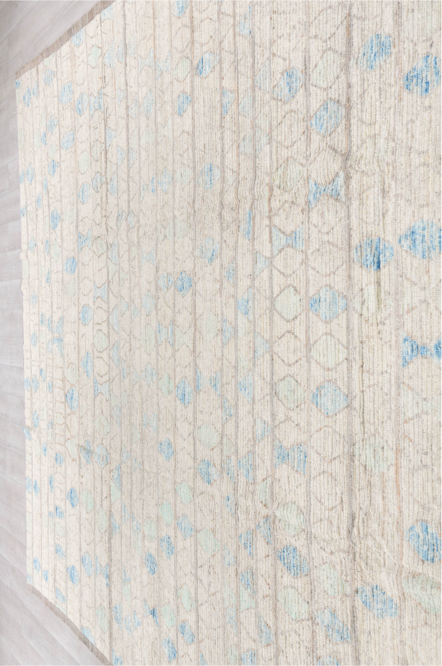 10' x 13' one-of-a-kind handmade vintage Tulu large size rug. Color palette: ivory, taupe, sky_blue, pale_aqua, gray, beige