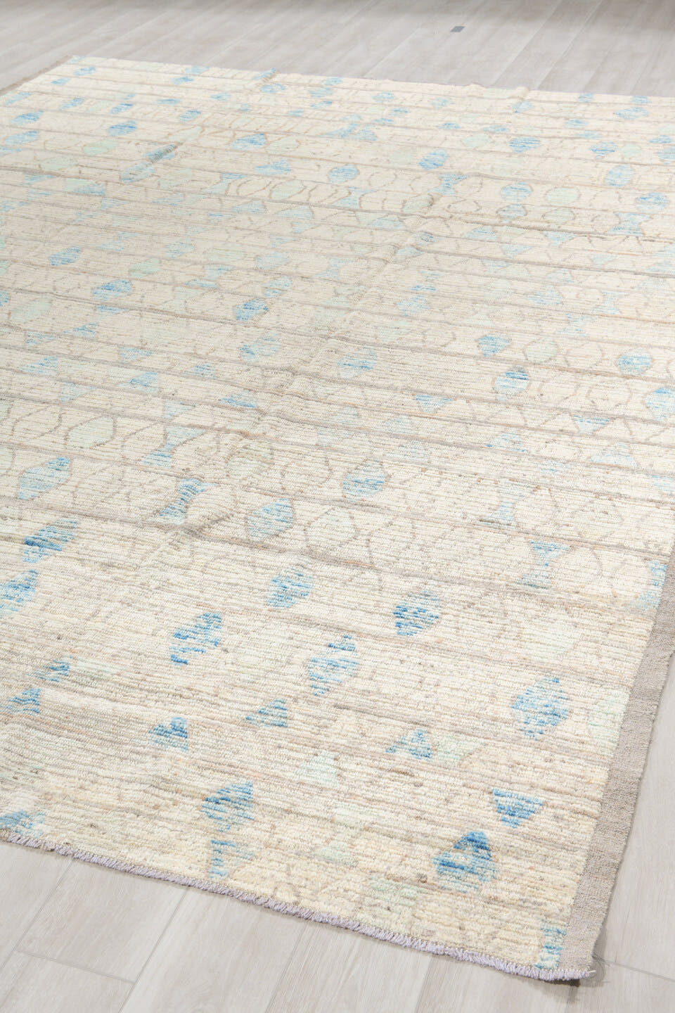 10' x 13' one-of-a-kind handmade vintage Tulu large size rug. Color palette: ivory, taupe, sky_blue, pale_aqua, gray, beige