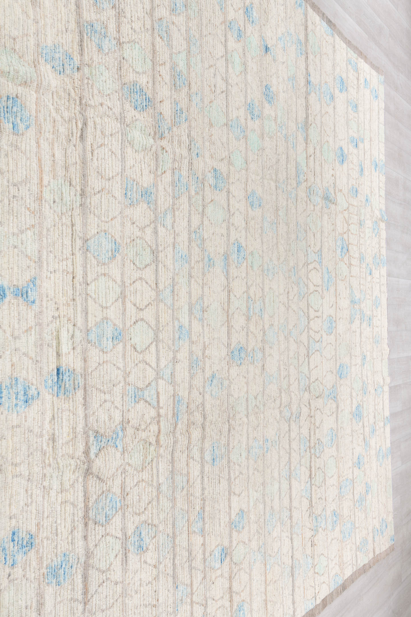 10' x 13' one-of-a-kind handmade vintage Tulu large size rug. Color palette: ivory, taupe, sky_blue, pale_aqua, gray, beige