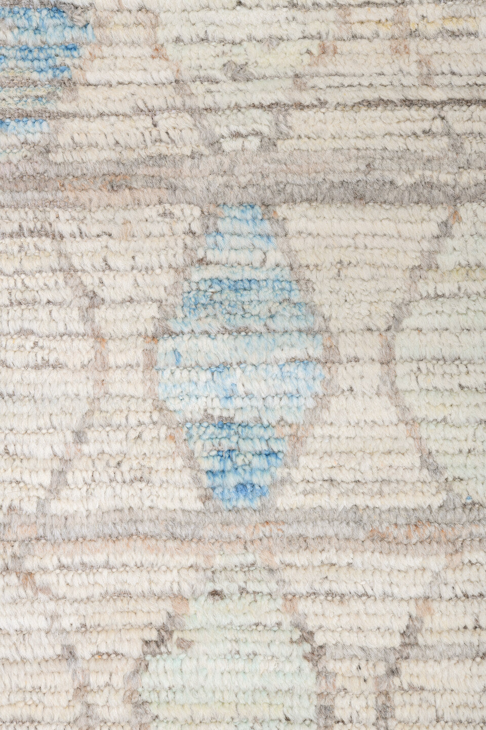 10' x 13' one-of-a-kind handmade vintage Tulu large size rug. Color palette: ivory, taupe, sky_blue, pale_aqua, gray, beige