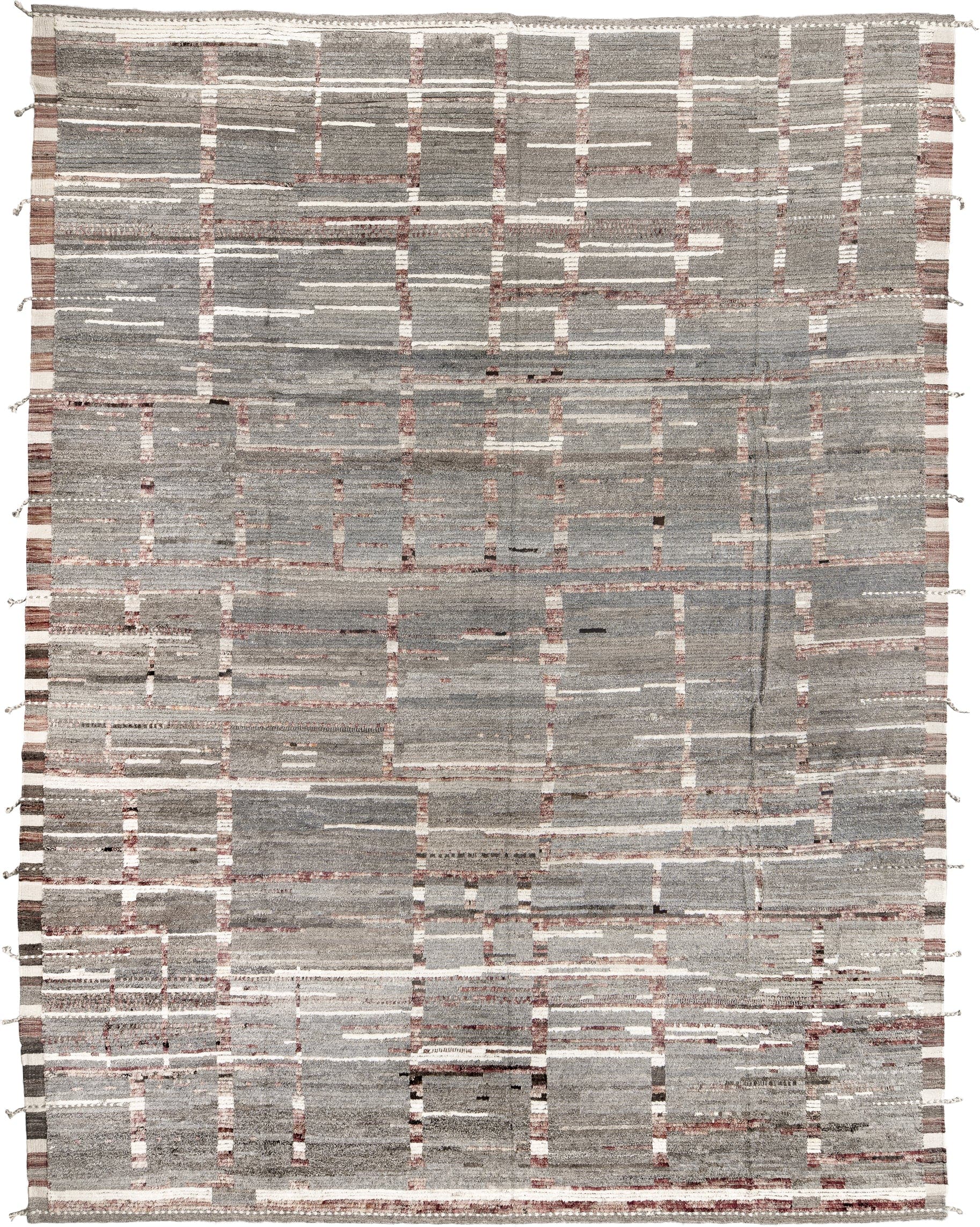 12' x 16' one-of-a-kind handmade vintage Tulu oversize rug. Color palette: gray, ivory, rose, charcoal, taupe, brown, pink