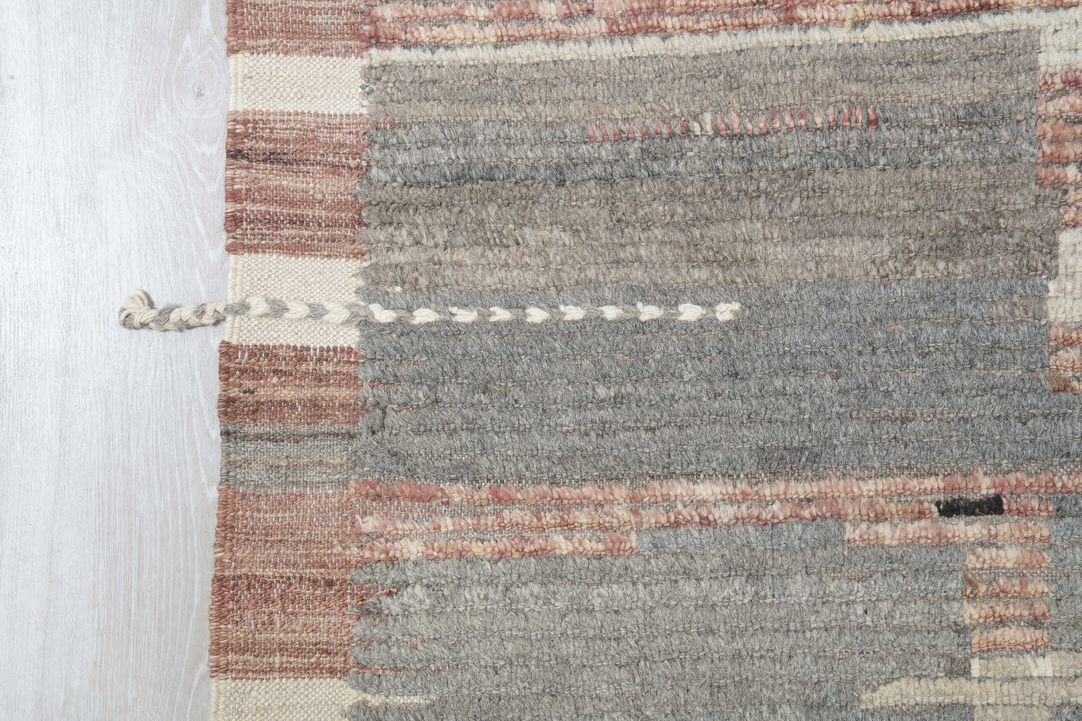 12' x 16' one-of-a-kind handmade vintage Tulu oversize rug. Color palette: gray, ivory, rose, charcoal, taupe, brown, pink