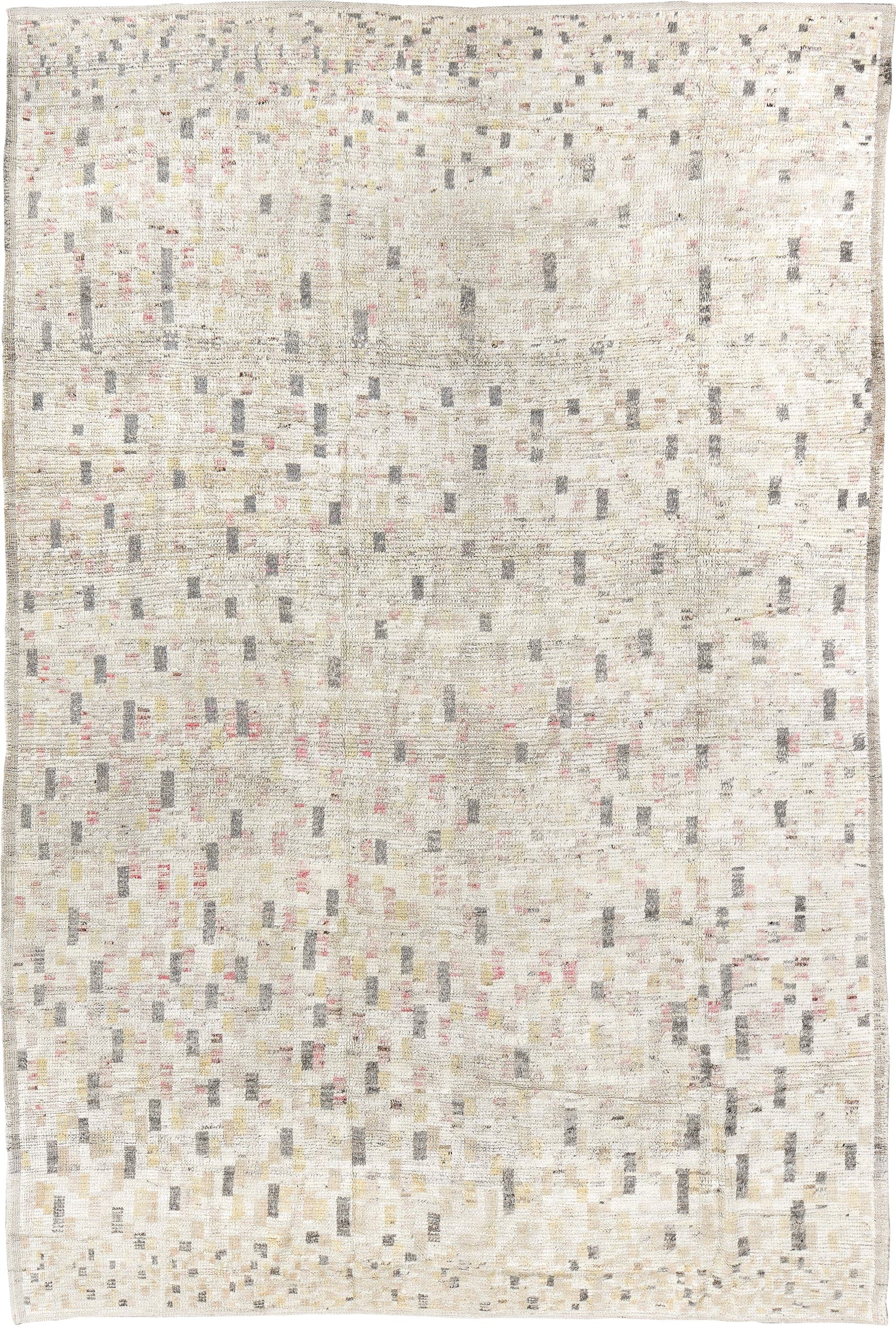 8' x 12' one-of-a-kind handmade vintage Tulu large size rug. Color palette: ivory, cream, charcoal, taupe, blush, pale_gold