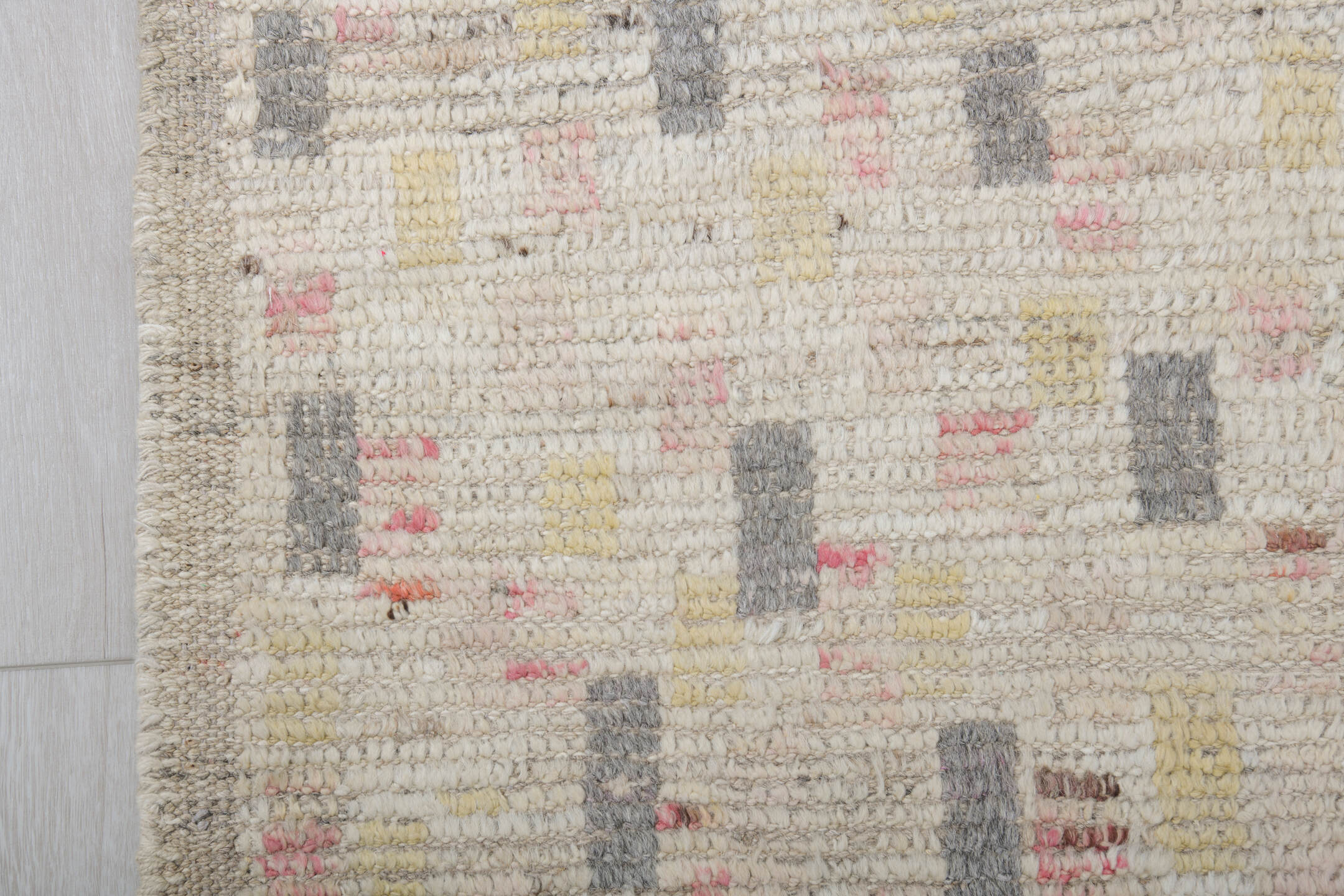 8' x 12' one-of-a-kind handmade vintage Tulu large size rug. Color palette: ivory, cream, charcoal, taupe, blush, pale_gold