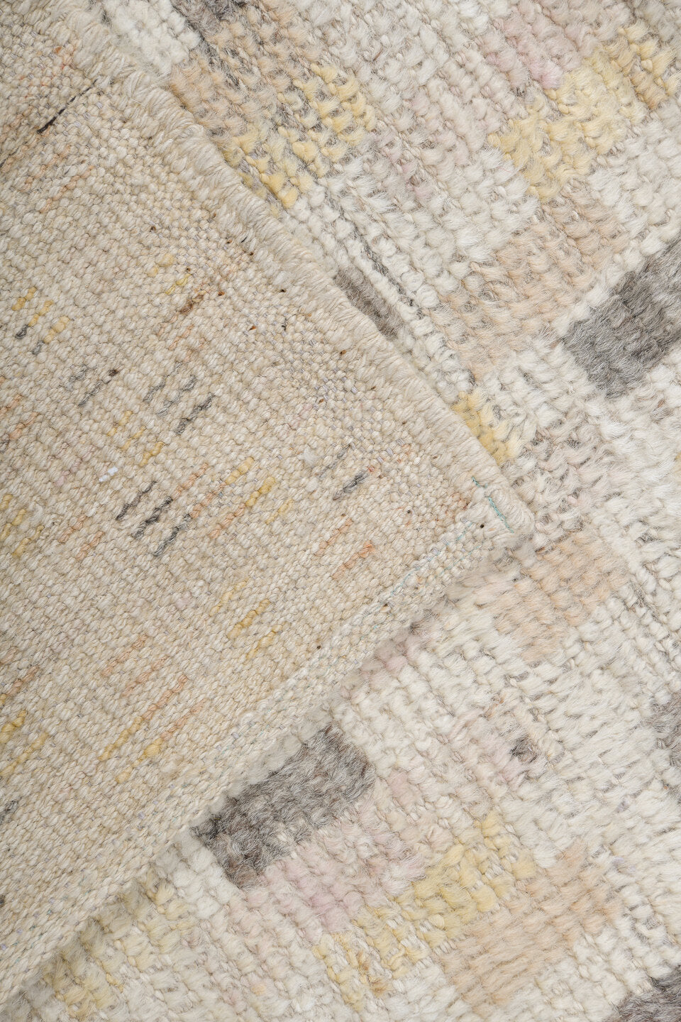 8' x 12' one-of-a-kind handmade vintage Tulu large size rug. Color palette: ivory, cream, charcoal, taupe, blush, pale_gold