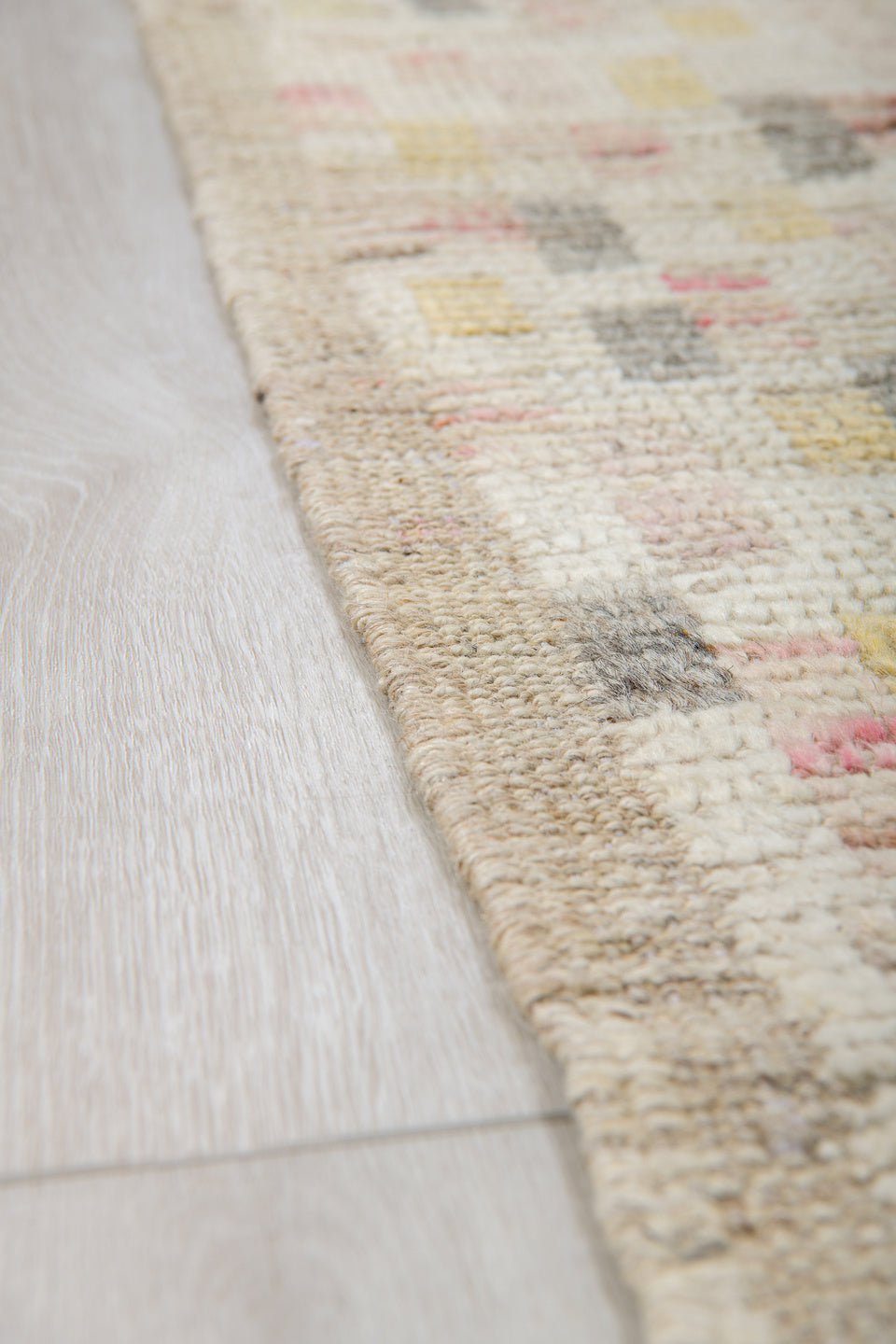 8' x 12' one-of-a-kind handmade vintage Tulu large size rug. Color palette: ivory, cream, charcoal, taupe, blush, pale_gold