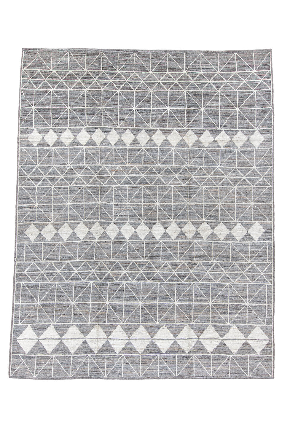 9' x 12' one-of-a-kind handmade vintage Tulu large size rug. Color palette: blue, dark gray, dim gray, gainsboro, gray
