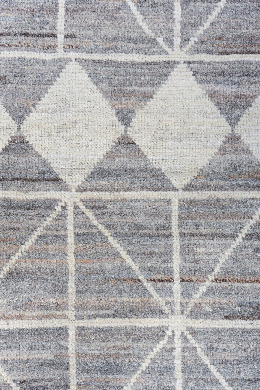 9' x 12' one-of-a-kind handmade vintage Tulu large size rug. Color palette: gray, ivory, taupe, charcoal, beige, black