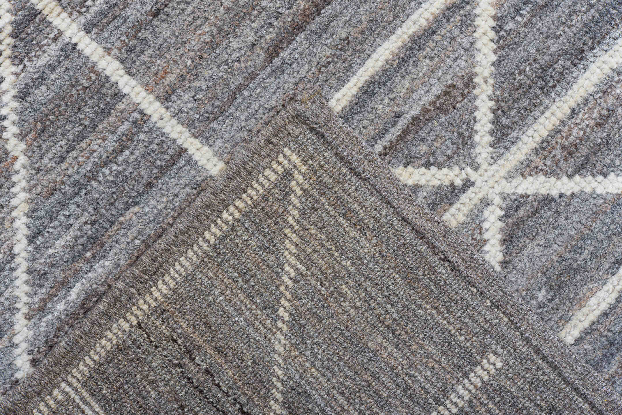 9' x 12' one-of-a-kind handmade vintage Tulu large size rug. Color palette: gray, ivory, taupe, charcoal, beige, black