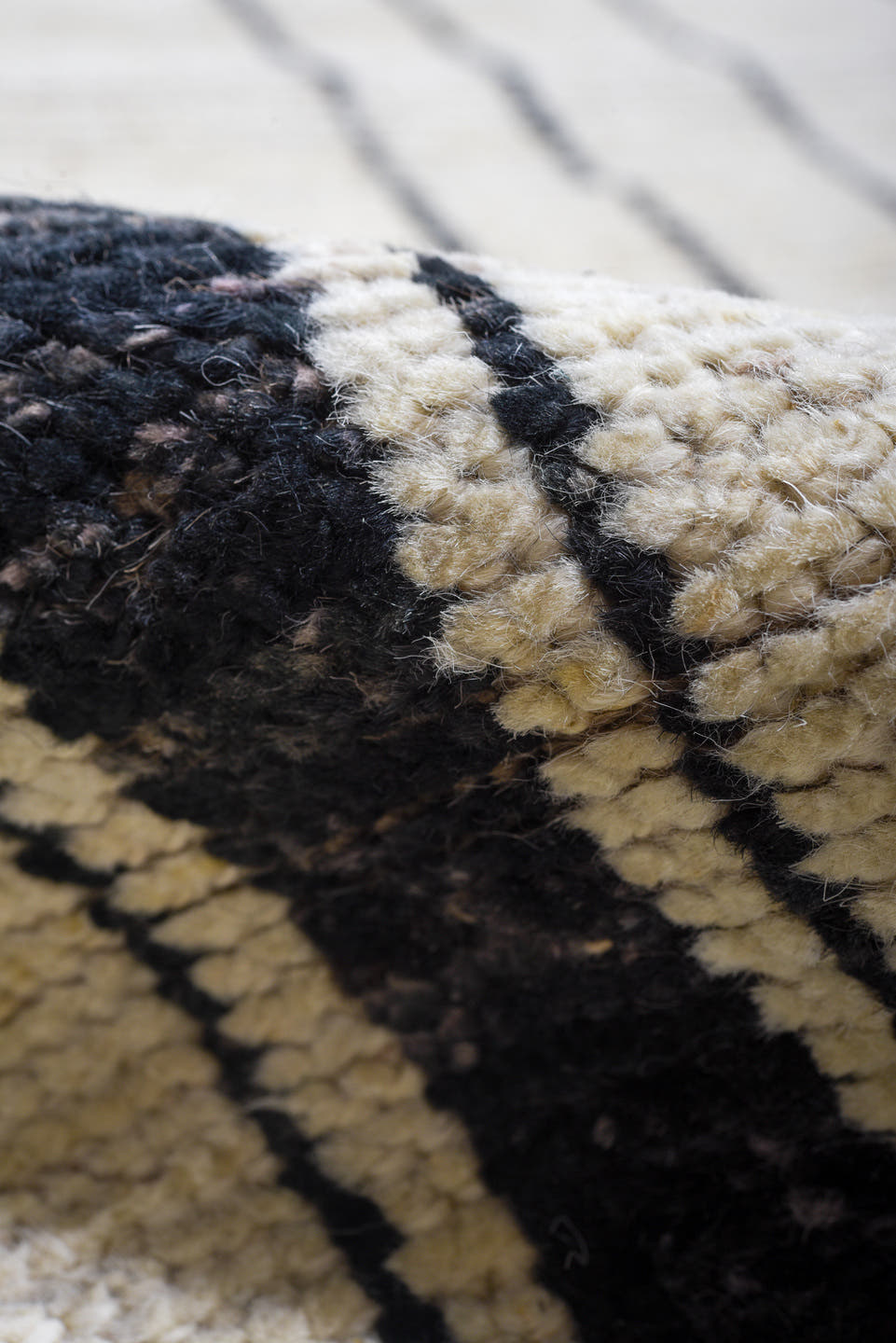 8' x 12' one-of-a-kind handmade vintage Tulu large size rug. Color palette: ivory, charcoal, black, cream, gray
