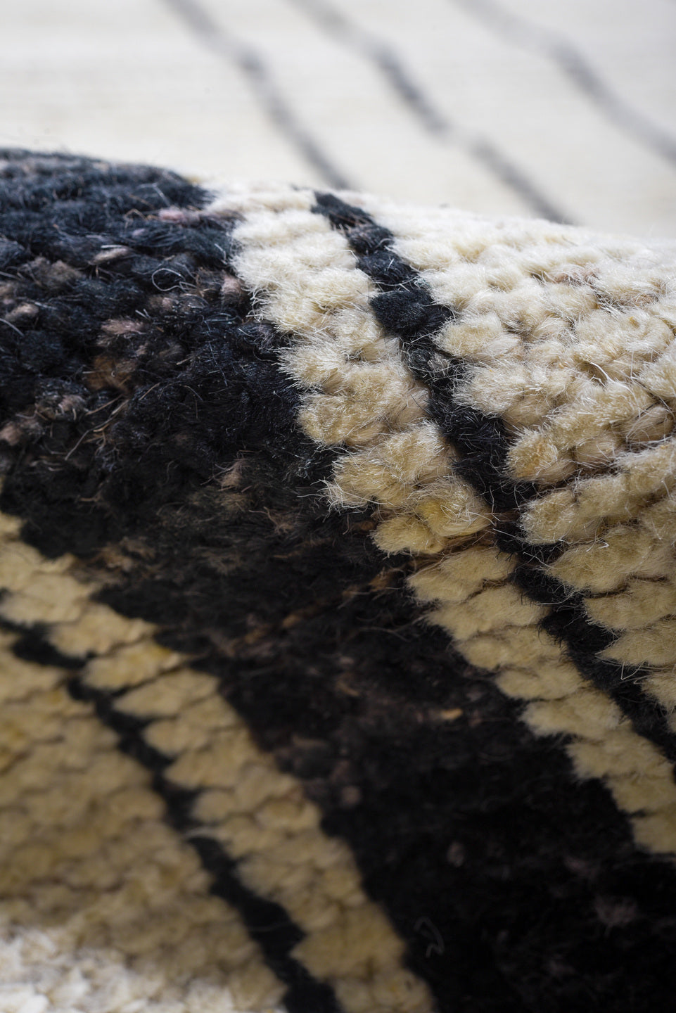 8' x 12' one-of-a-kind handmade vintage Tulu large size rug. Color palette: ivory, charcoal, black, cream, gray