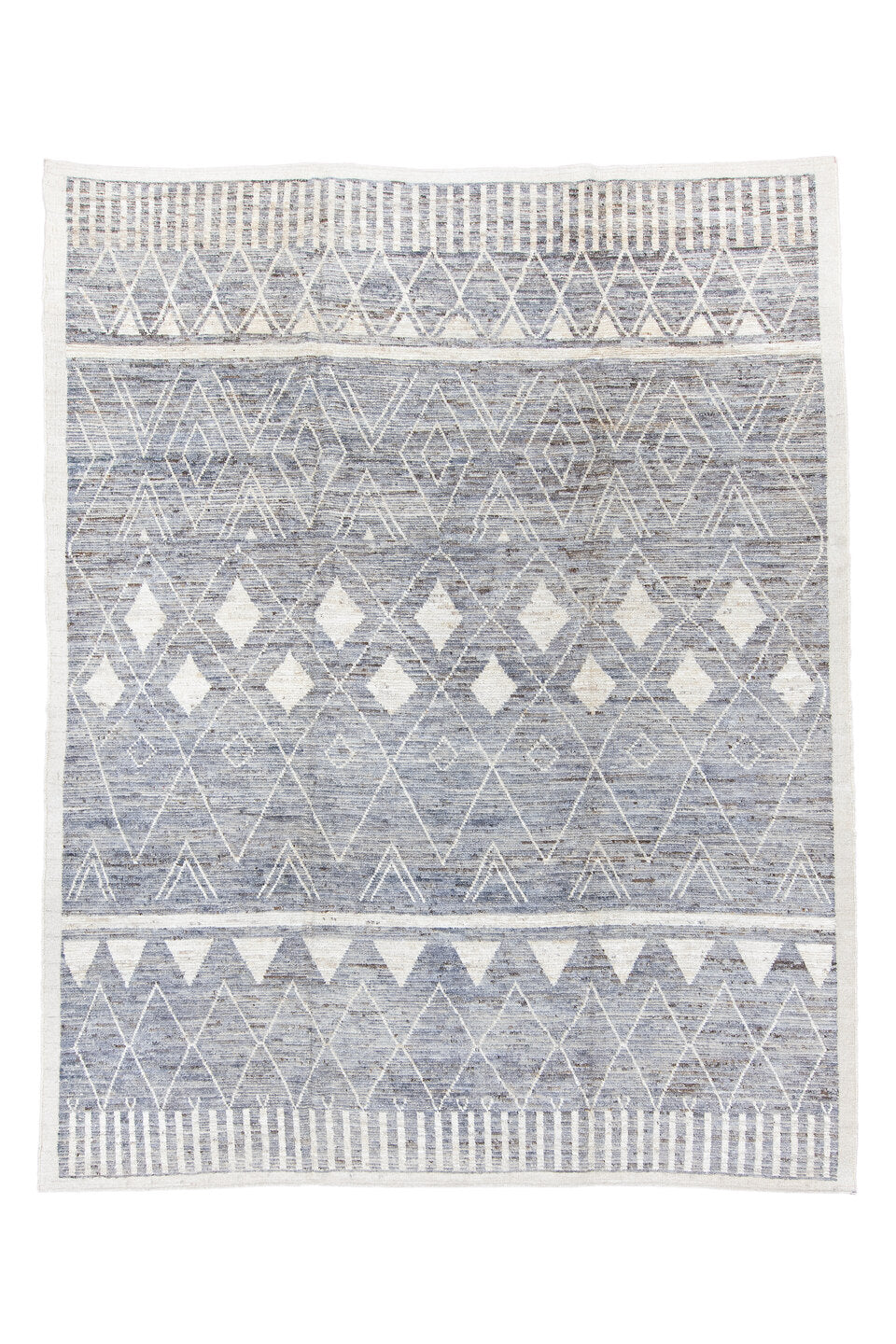 9' x 11' one-of-a-kind handmade vintage Tulu large size rug. Color palette: black, dark gray, dim gray, gray, light blue