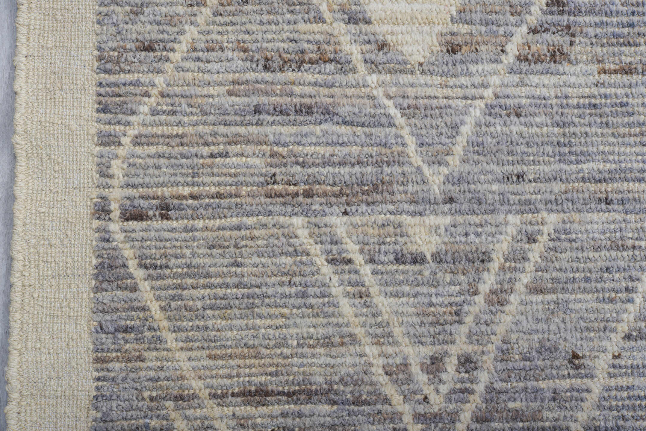 9' x 11' one-of-a-kind handmade vintage Tulu large size rug. Color palette: ivory, slate, pale blue, taupe, gray, light blue