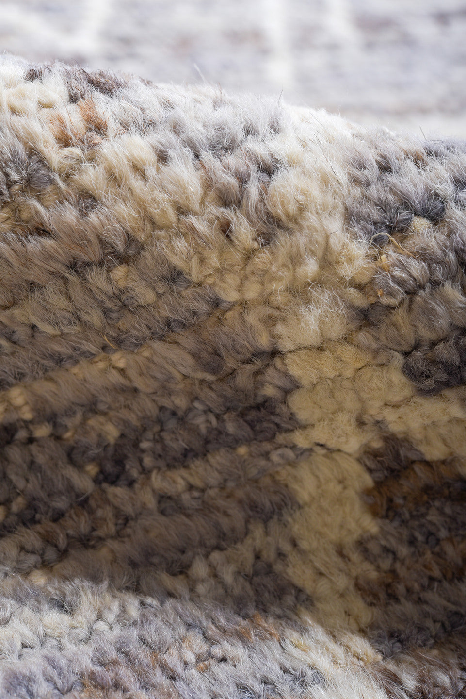 9' x 11' one-of-a-kind handmade vintage Tulu large size rug. Color palette: ivory, slate, pale blue, taupe, gray, light blue