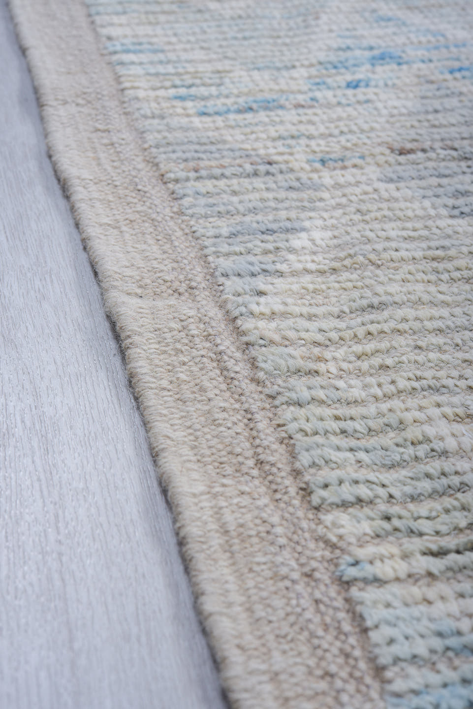 8' x 10' one-of-a-kind handmade vintage Tulu large size rug. Color palette: ivory, pale blue, light gray, cream, light blue