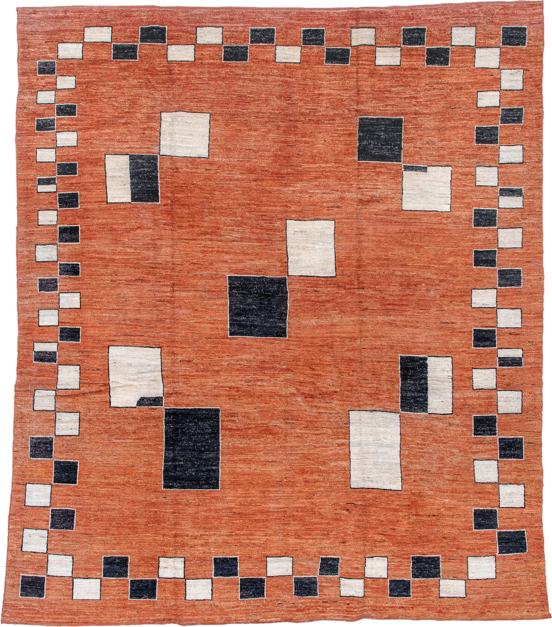 8' x 10' one-of-a-kind handmade vintage Tulu large size rug. Color palette: terra cotta, ivory, charcoal, rust, terracotta