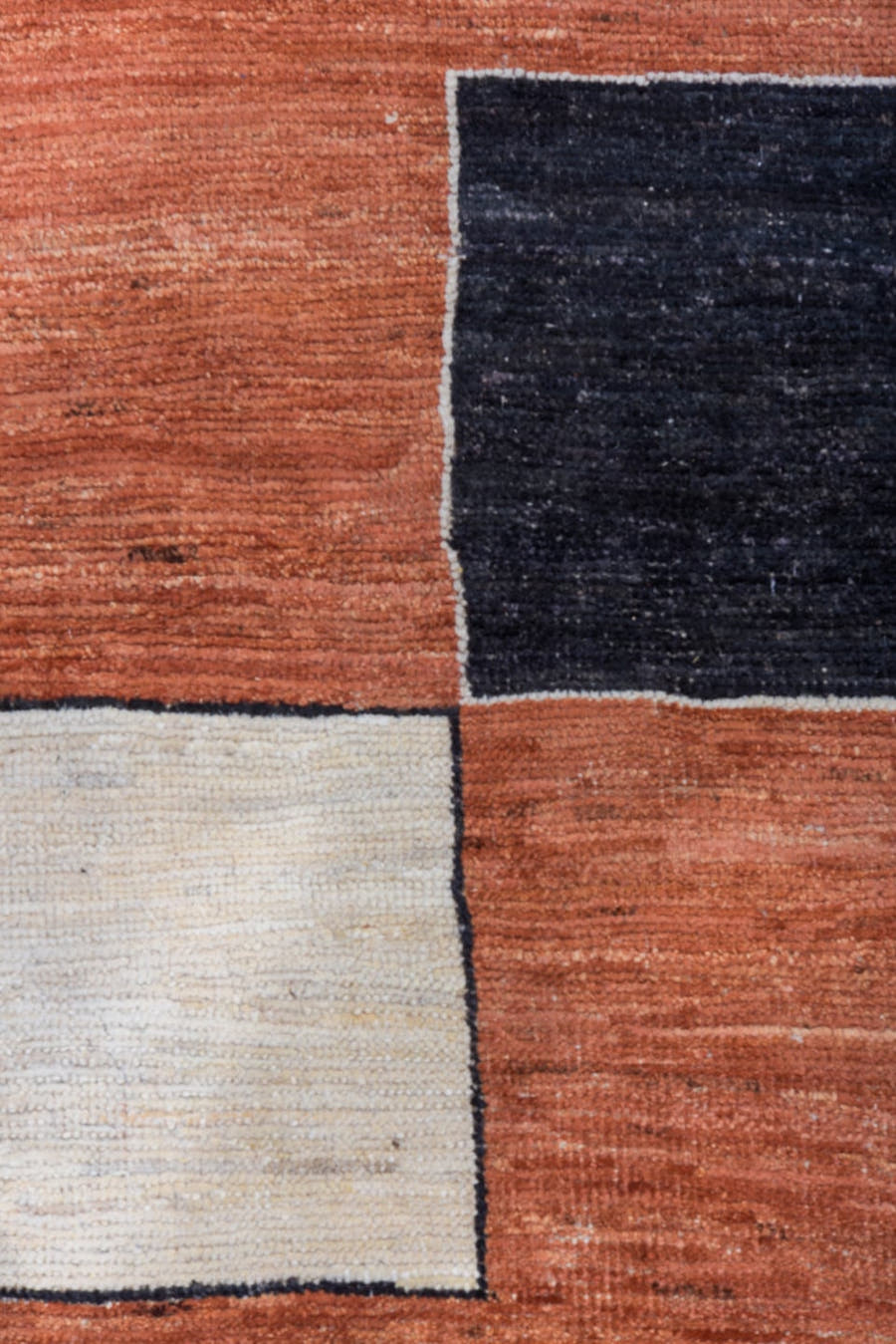 8' x 10' one-of-a-kind handmade vintage Tulu large size rug. Color palette: terra cotta, ivory, charcoal, rust, terracotta