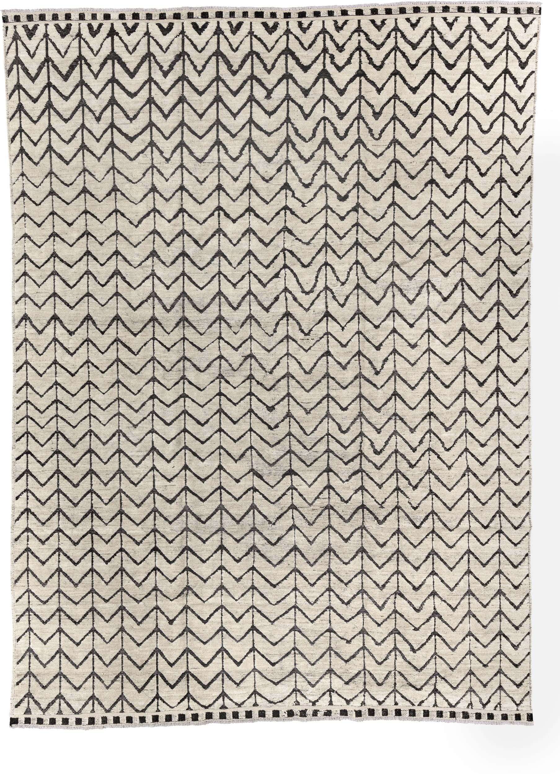 9' x 12' one-of-a-kind handmade vintage Tulu large size rug. Color palette: ivory, charcoal, gray, black